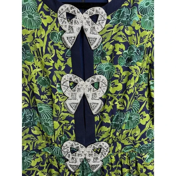 SALONI Jamie Crystal Beaded Bow Midi Dress Green Floral Silk Short Sleeve Size 6 SALONI Jamie Crystal Beaded Bow Midi Dress Green Floral Silk Short Sleeve Size 6